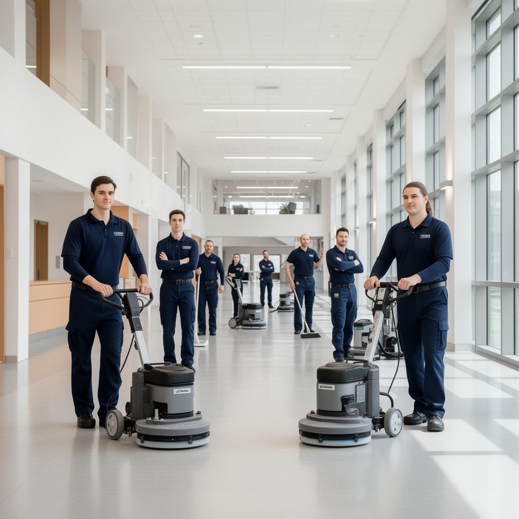 Professional commercial facilities team with floor care equipment