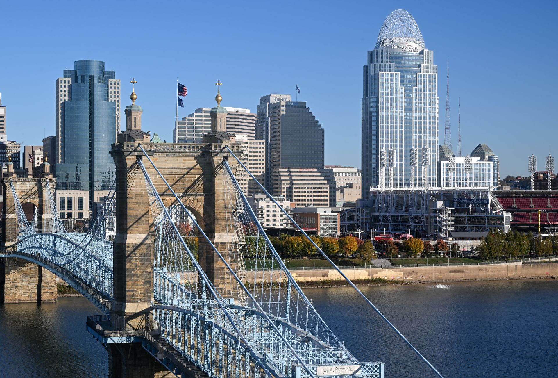 Cincinnati skyline with the Roebling Suspension Bridge over the Ohio River